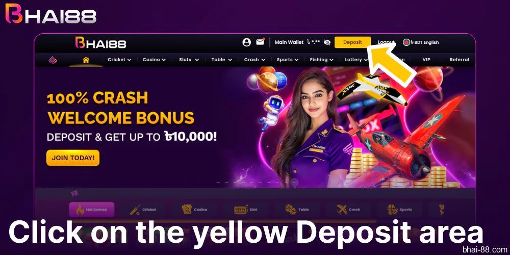 Click on the yellow Deposit area on Bhai88