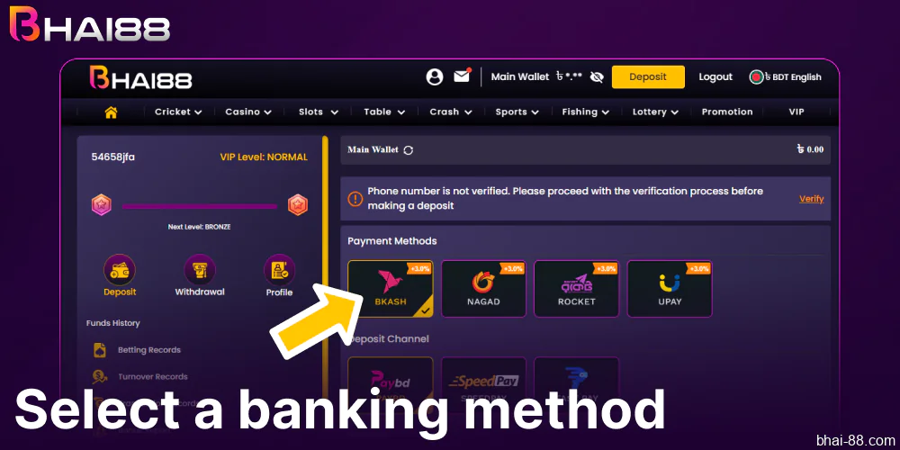 Select a banking method on Bhai88